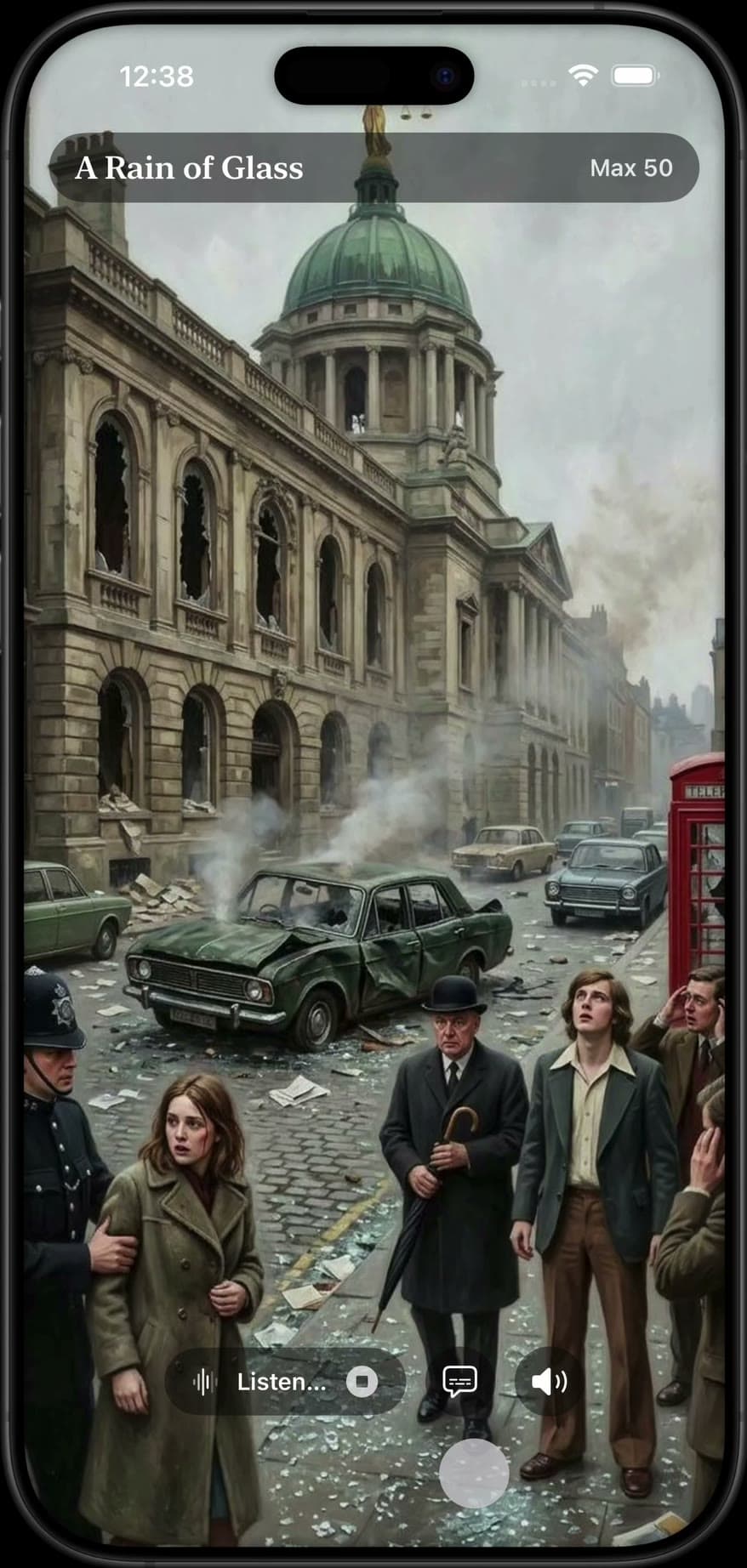 A Timeslip scene filling the phone screen: a bombed London street strewn with broken glass, a wrecked green car outside a domed civic building, a red telephone box, and onlookers in 1970s coats. A bar across the top reads “A Rain of Glass”.