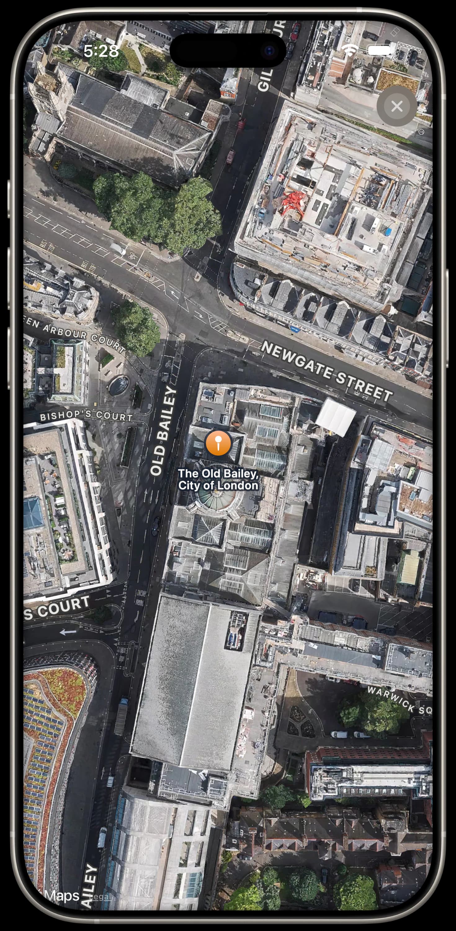 A satellite map pinned on the Old Bailey in the City of London, Newgate Street running past it
